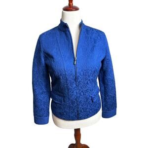 Chico's jacket blue jacquard zip front lined band collar pockets Sz 0 US S